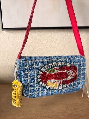 Blue Beaded Shoulder Bag with Red Strap